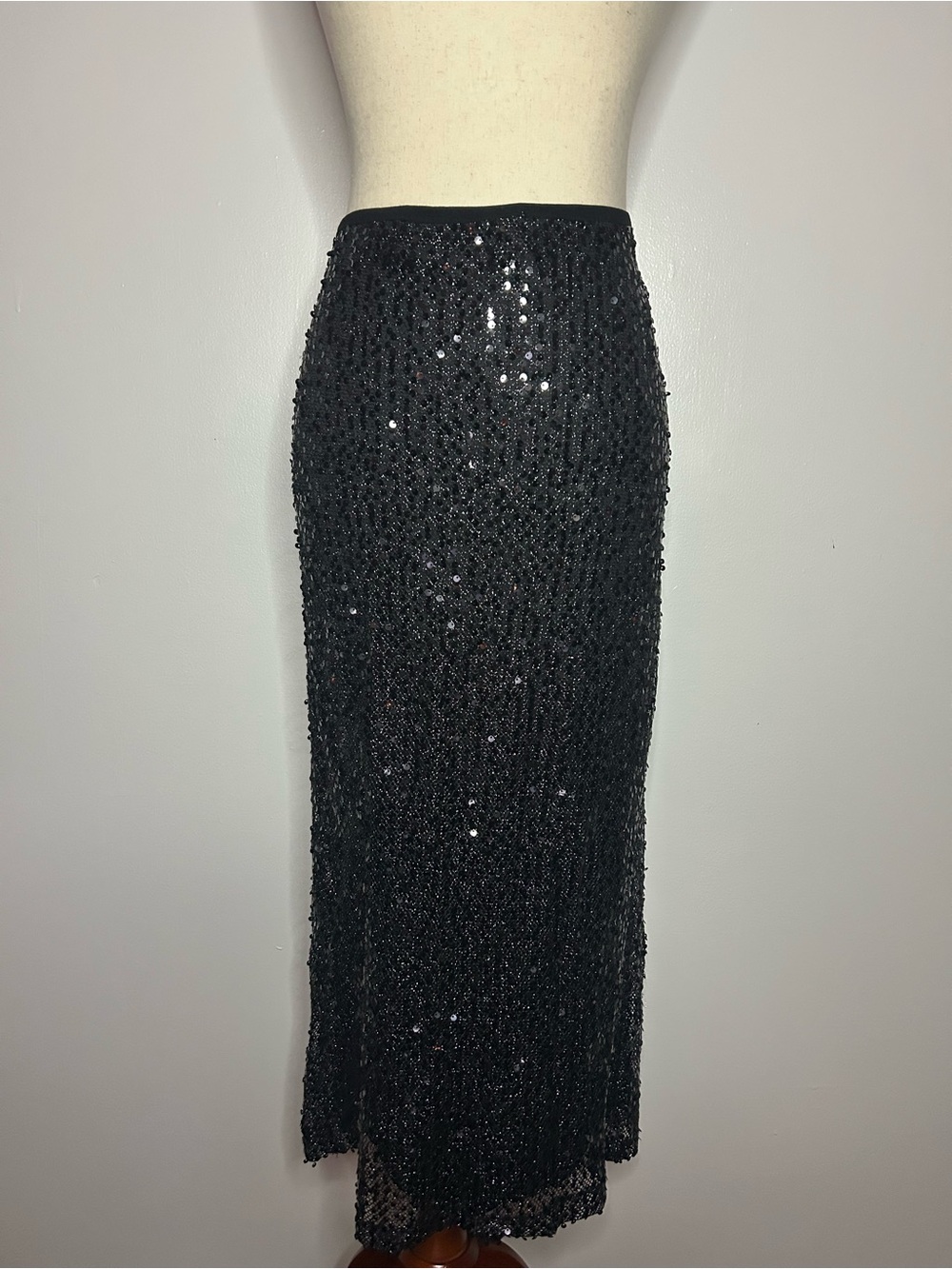 LULUs Sequin Midi Skirt in Black Side Zip w/Black Slit - Size XL